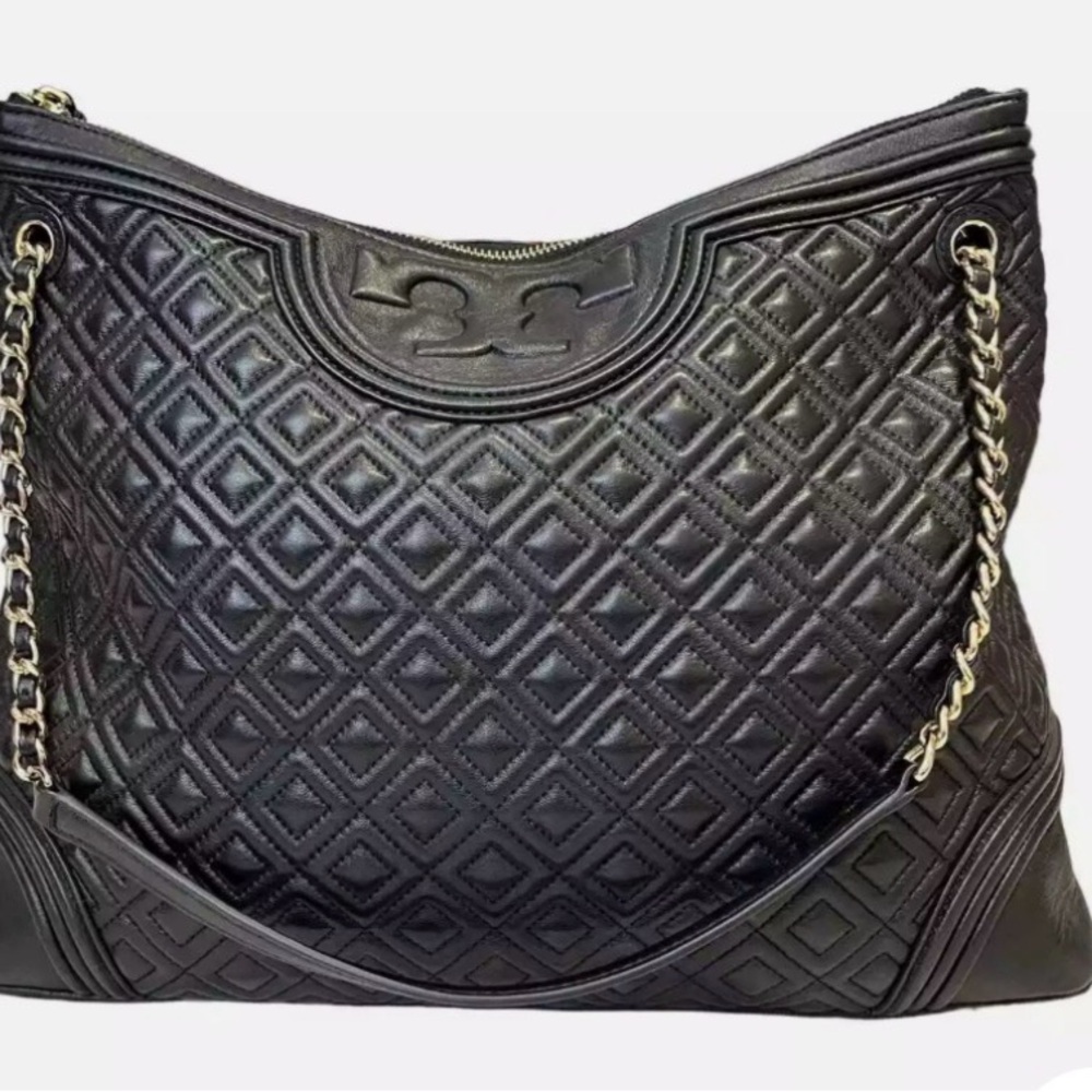 Tory Burch Fleming Black Quilted Lambskin Leather ShoulderTode Bag